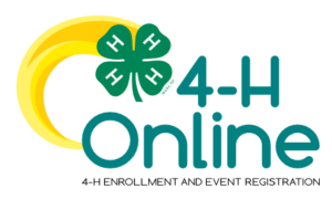 4-H Online Logo and statement that says 4-H enrollment and event registration. There is a clover golden swoosh behind it.