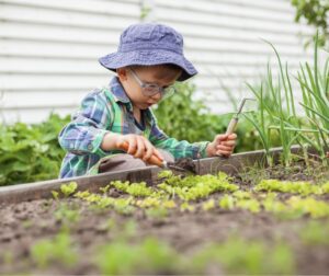 child planting in a garden 